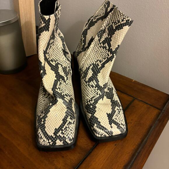 Zara Snake Print Leather Square Toe Boots - Picture 2 of 7